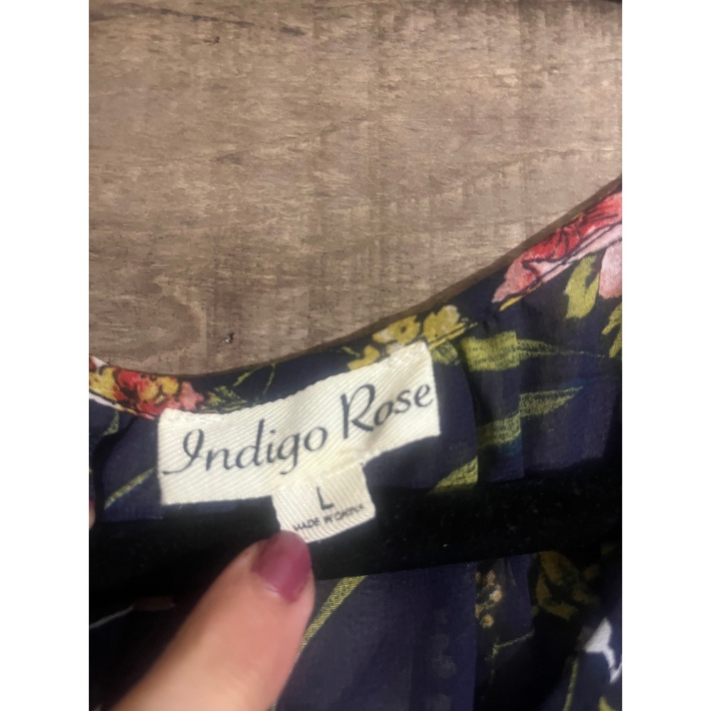 Indigo Rose Navy Floral Chiffon Midi Dress Short Sleeve Elastic Waist Large - Picture 3 of 4